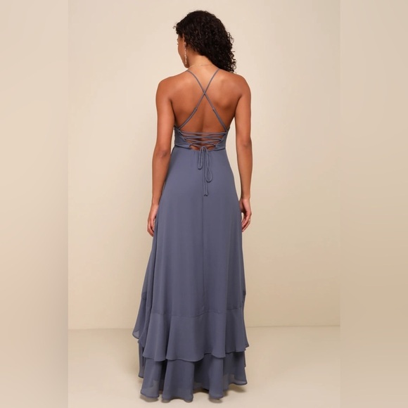 Lulu’s Maxi Dress In Love Forever Granite Blue Lace-Up High-Low Bridesmaid Sz M - Picture 8 of 11
